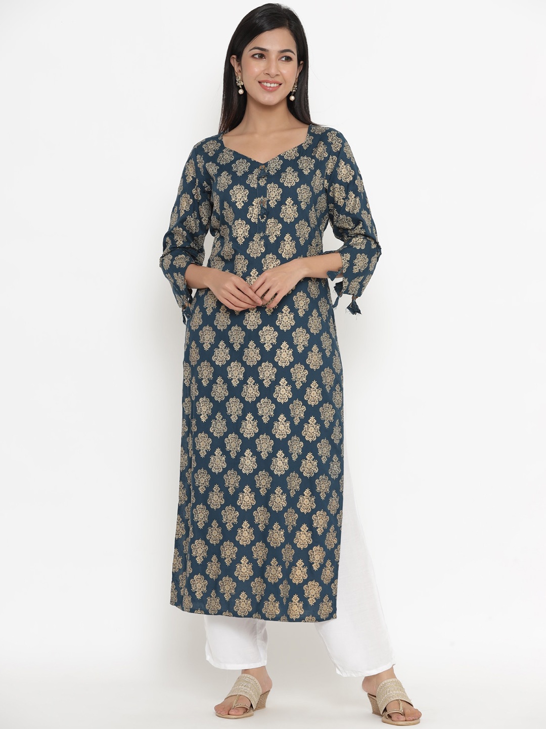 

Indian Virasat Women Teal & Golden Ethnic Motifs Printed Kurta