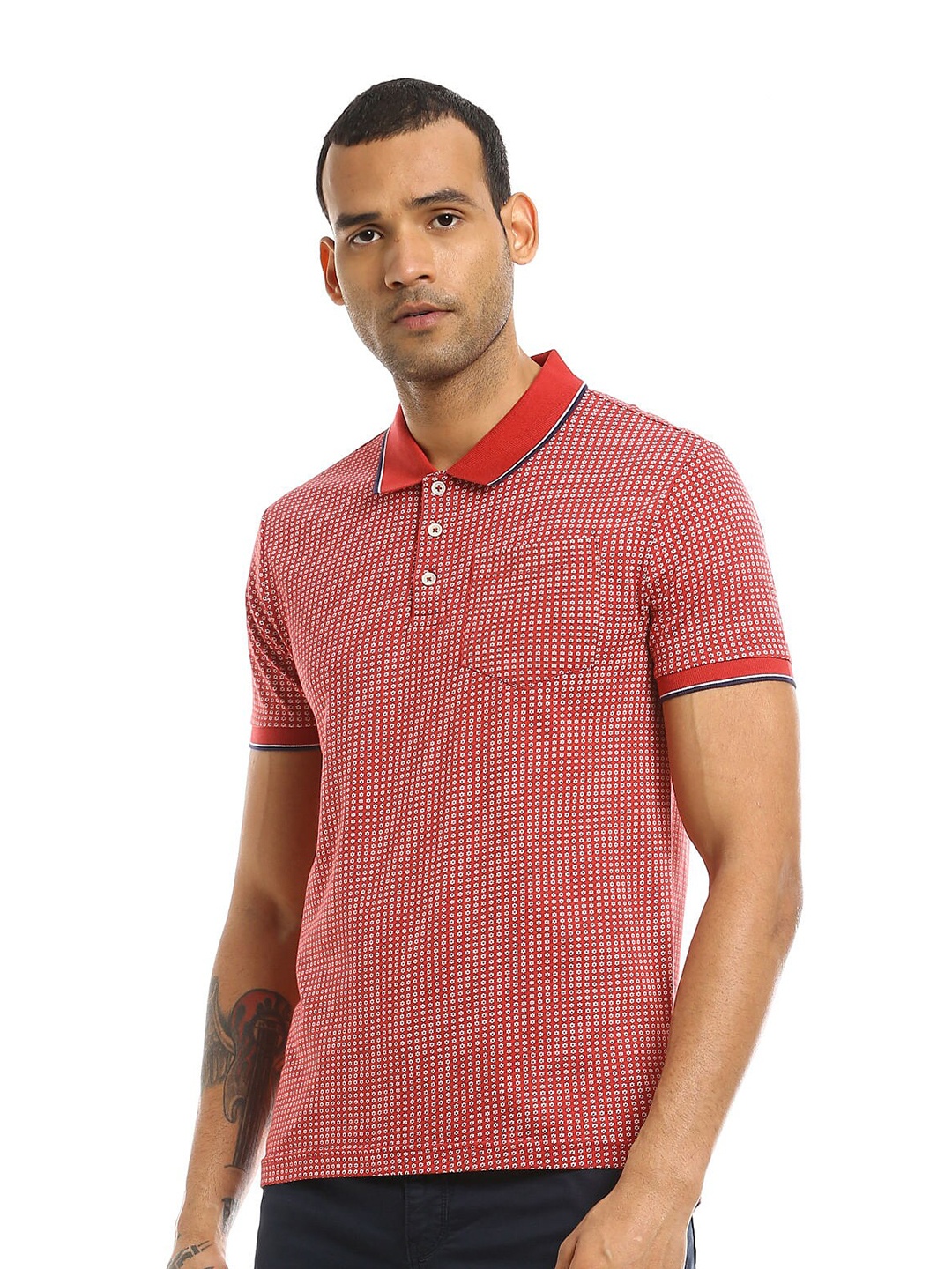 

AD By Arvind Men Red & White Printed Pure Cotton Polo Collar T-shirt