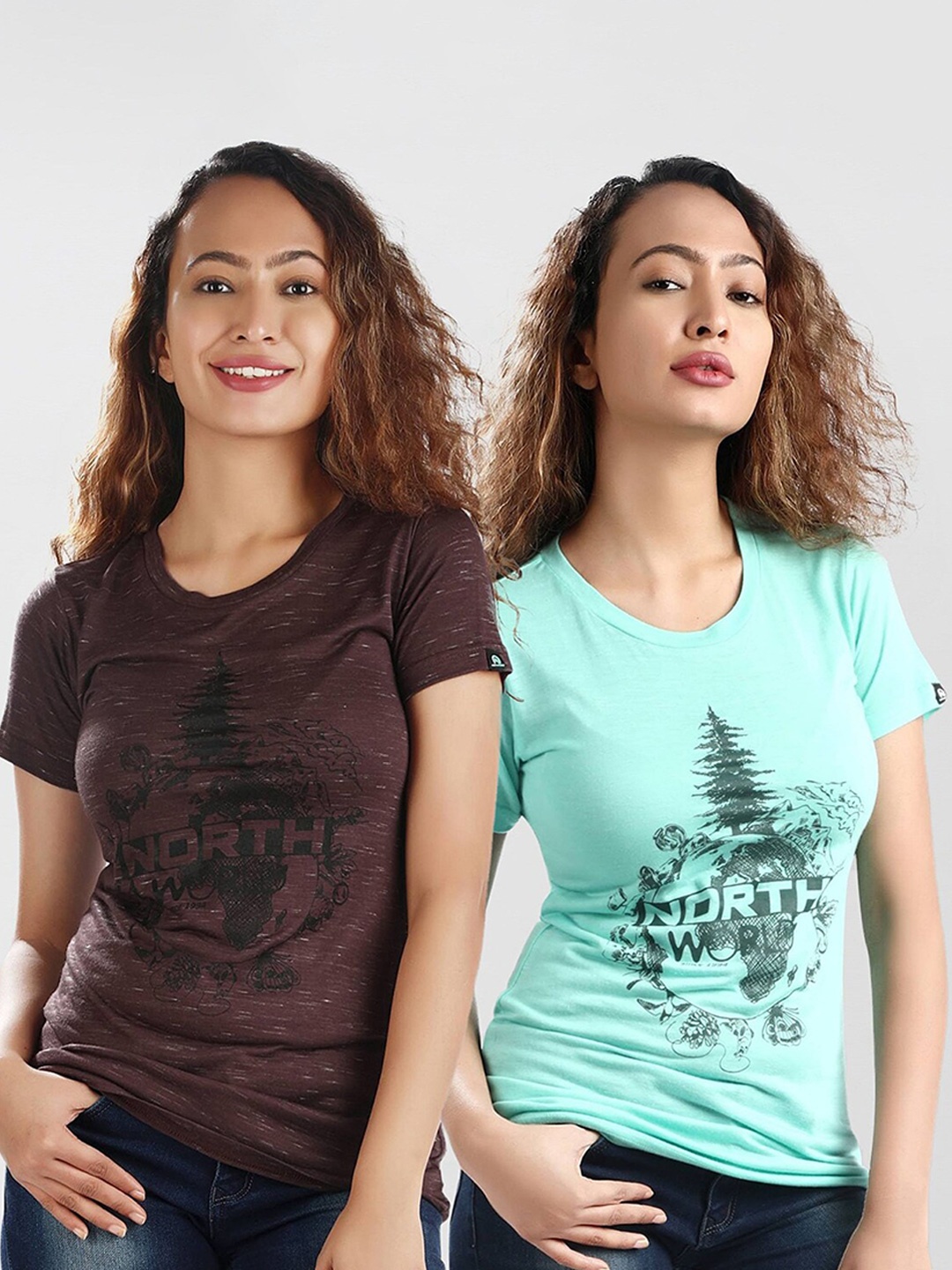 

Dream of Glory Inc Women Set Of 2 Brown & Blue Printed T-shirt