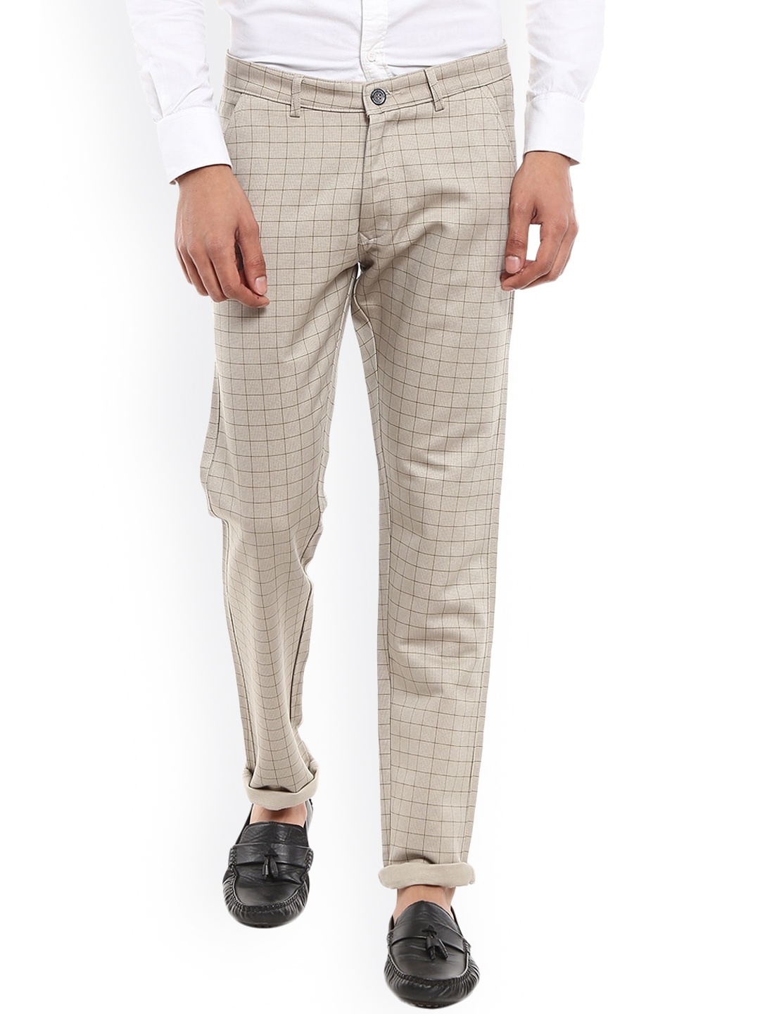 

V-Mart Men Cream-Coloured & Brown Checked Slim Fit Chinos Trousers