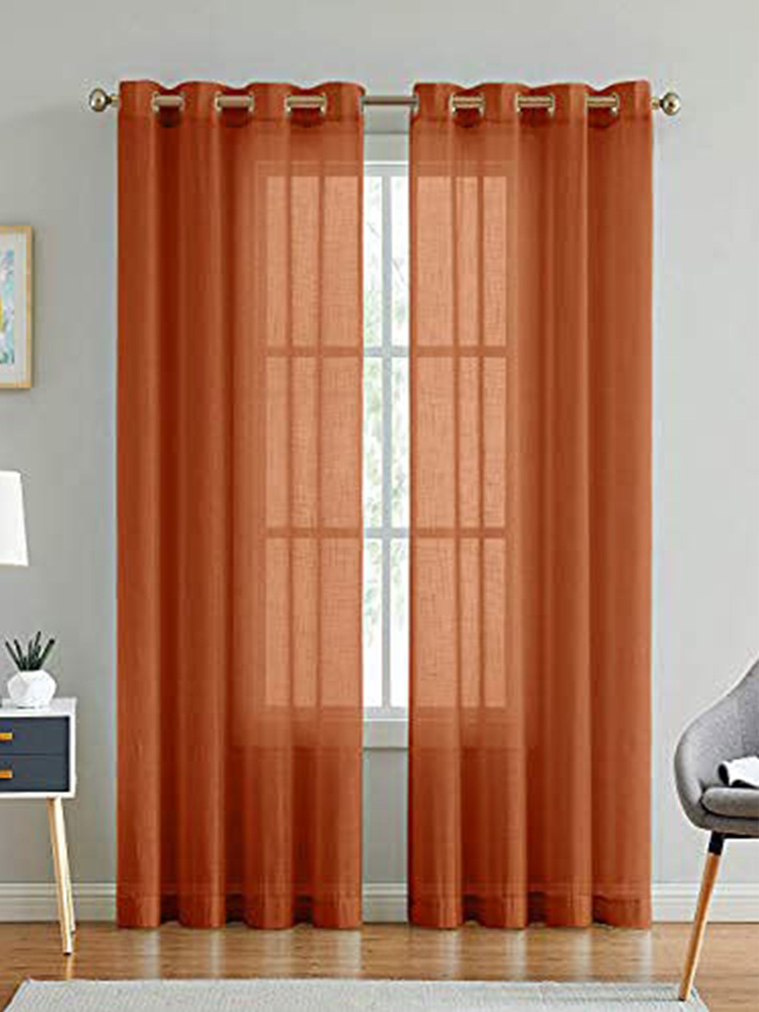 

LINENWALAS Happy Sleeping Set of 2 Rust Abstract Cotton Linen Sheer Door Curtain