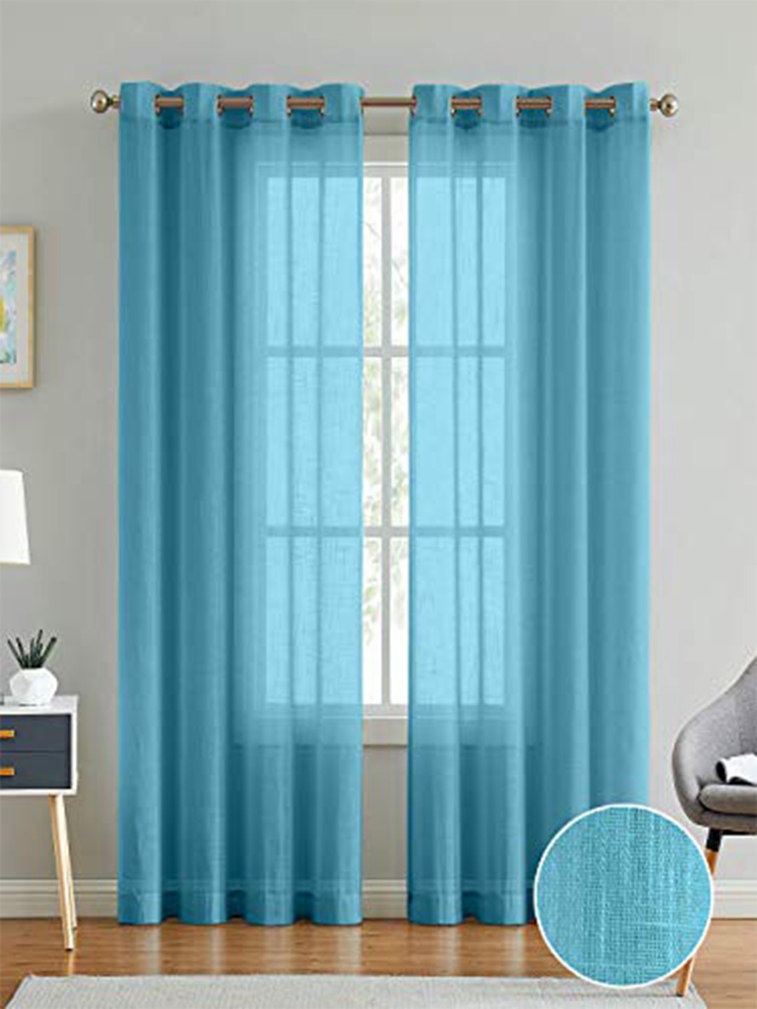 

LINENWALAS Happy Sleeping Set Of 2 Teal Blue Sheer Door Curtains