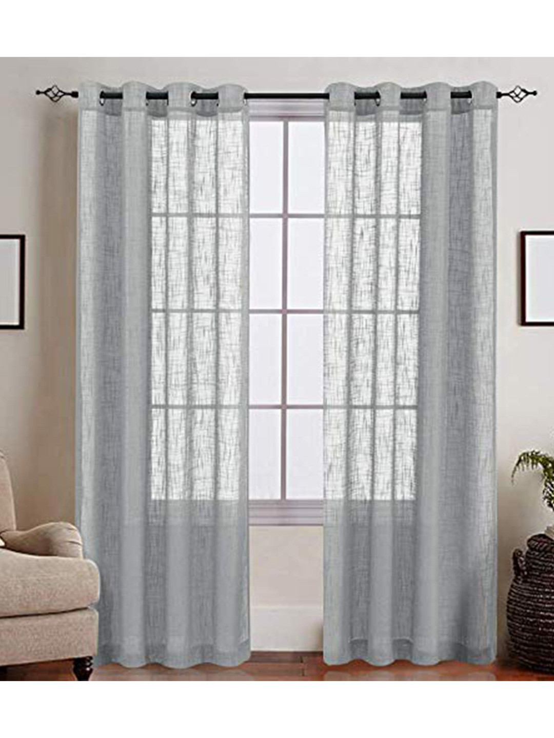 

LINENWALAS Happy Sleeping Set of 2 Silver-Coloured Sheer Window Curtain