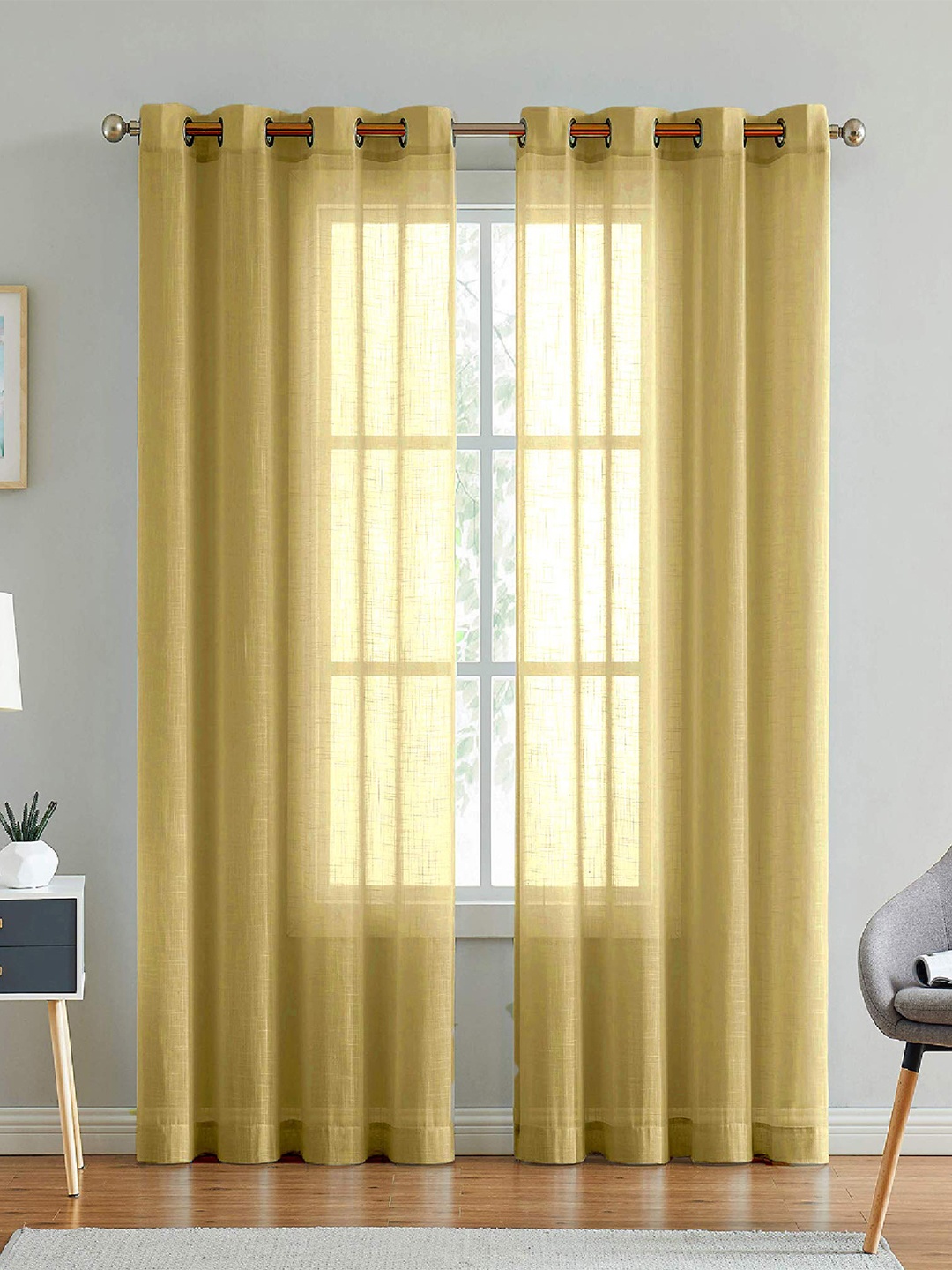 

LINENWALAS Happy Sleeping Yellow & White Set of 2 Geometric CottonLinen Sheer Door Curtain