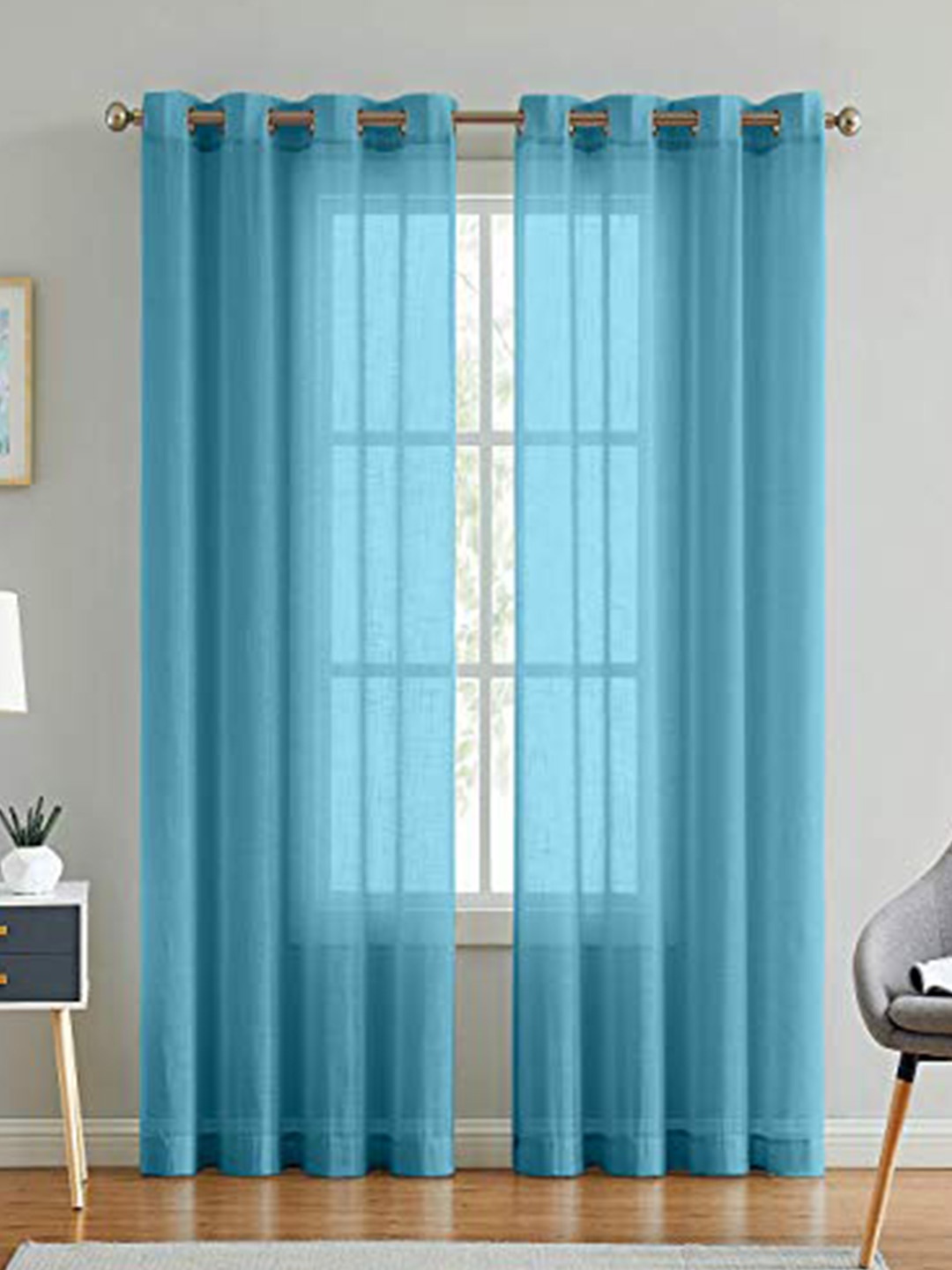 

LINENWALAS Happy Sleeping Set Of 2 Teal Blue Sheer Door Curtains
