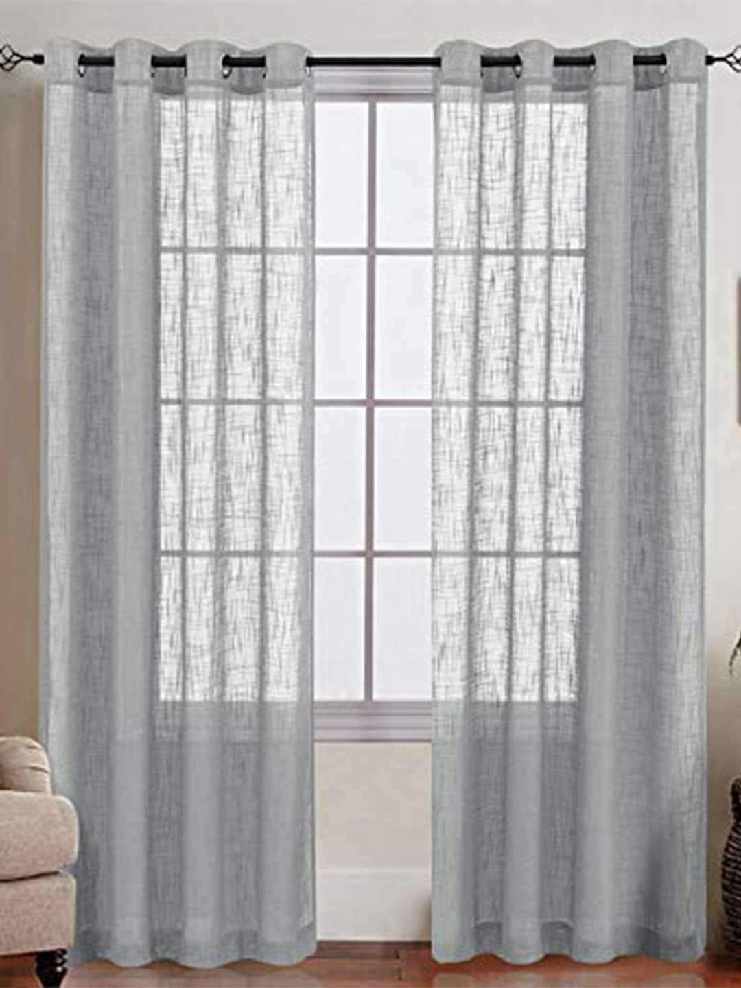 

LINENWALAS Happy Sleeping Silver-Toned Set of 2 Geometric Sheer Long Door Curtain
