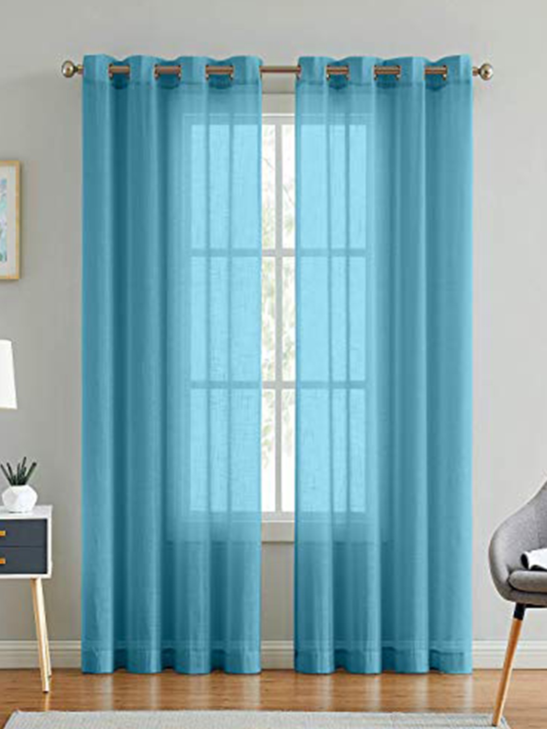 

LINENWALAS Happy Sleeping Teal Set of 2 Striped Sheer Window Curtain