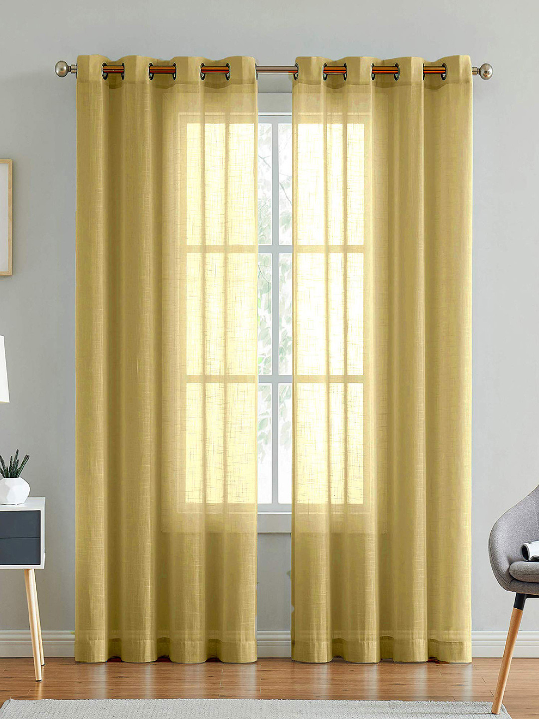 

LINENWALAS Happy Sleeping Mustard Set of 2 Sheer Long Door Curtain
