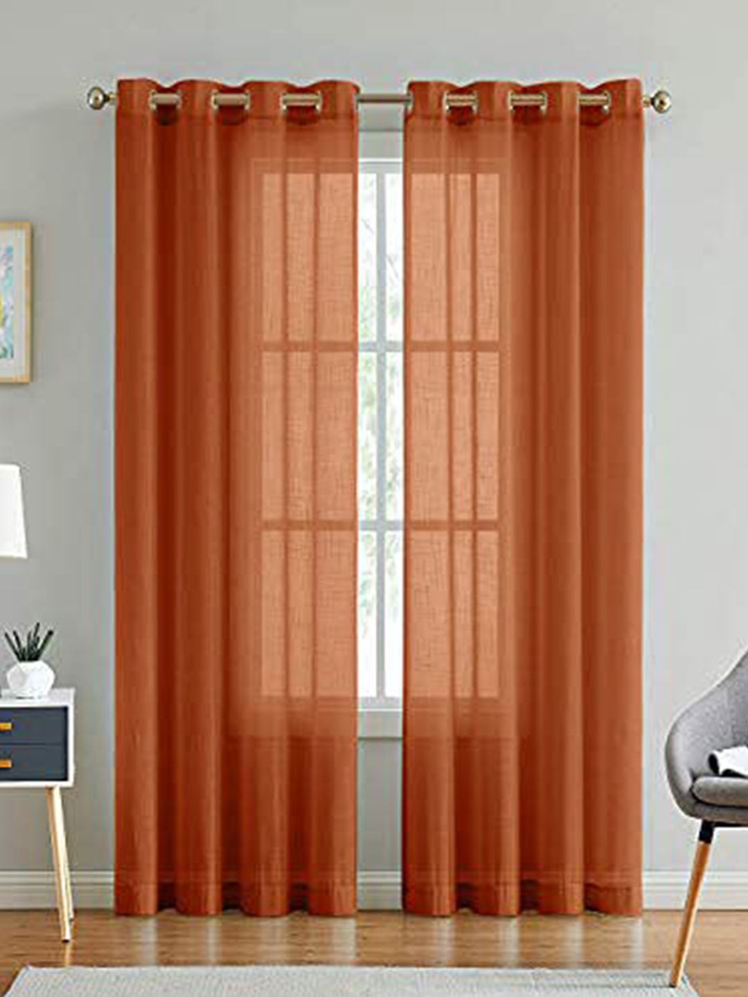 

LINENWALAS Happy Sleeping Rust Orange Set of 2 Sheer Door Curtain
