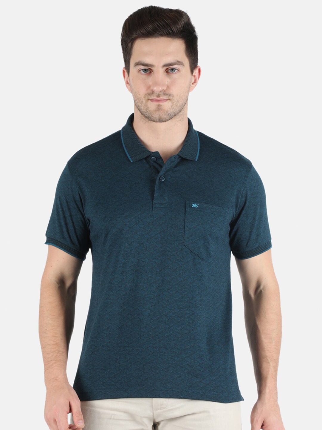 

Monte Carlo Men Blue Self Design Polo Collar T-shirt