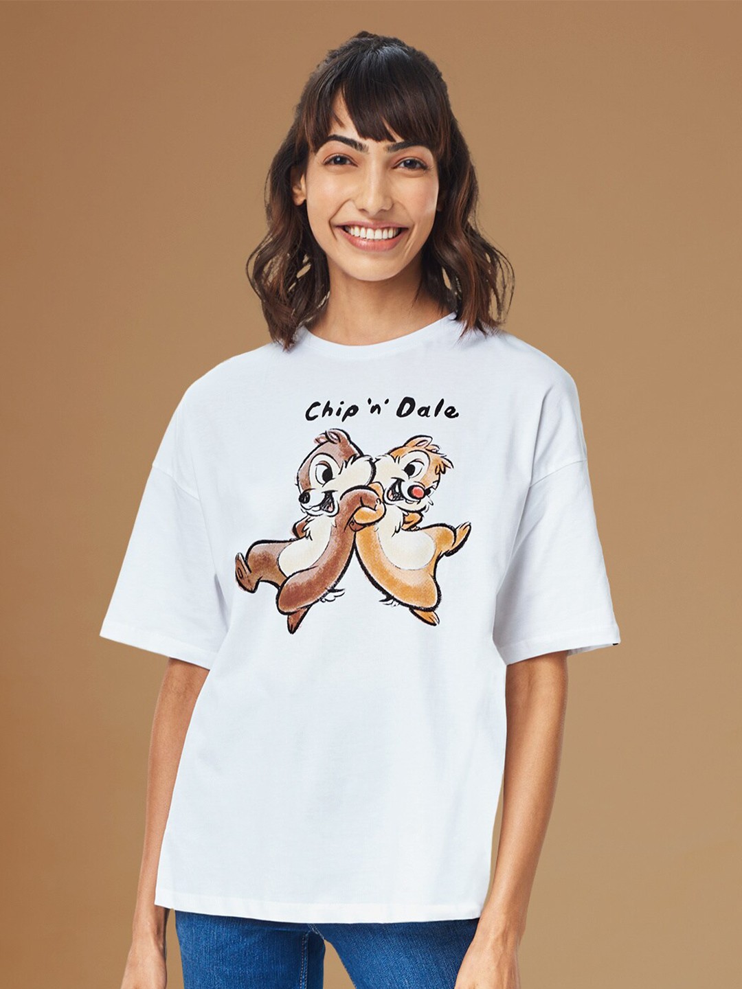 

The Souled Store Women White Disney Chip 'N' Dale Print Oversized T-Shirt