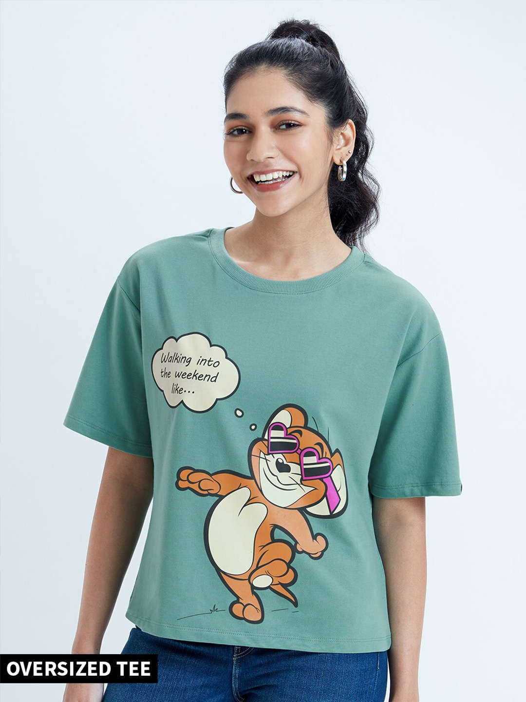 

The Souled Store Sage Green Tom And Jerry Weekend Print Oversized T-Shirt