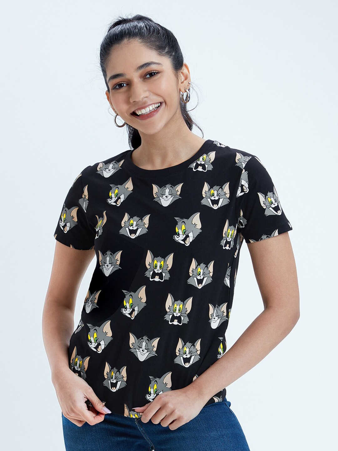 

The Souled Store Women Black Tom & Jerry Printed Cotton T-shirt