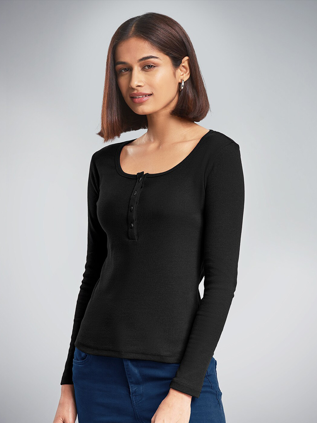 

The Souled Store Women Black Ribbed Henley Neck Cotton T-shirt
