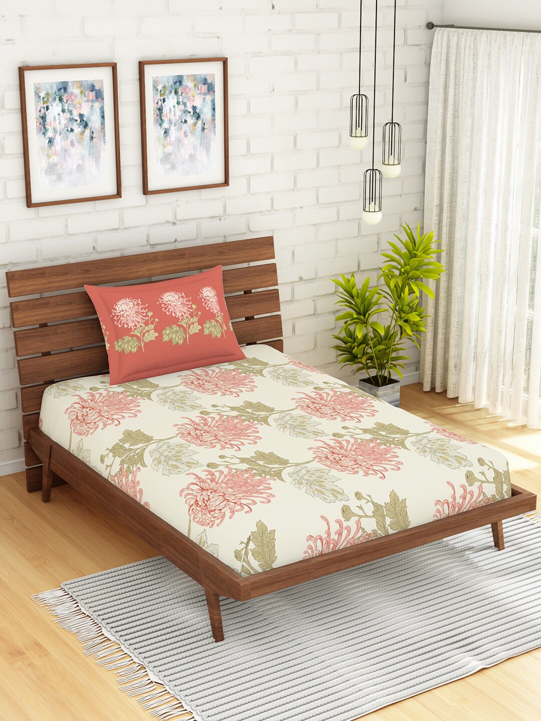 

SPACES Green & Off White Floral 144 TC Cotton Single Bedsheet with 1 Pillow Covers