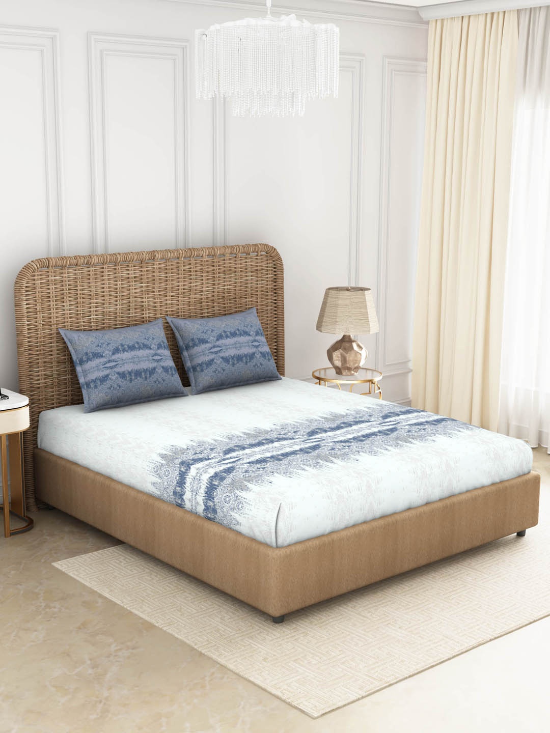 

SPACES Teal Blue & White Ethnic Motifs 144 TC King Bedsheet with 2 Pillow Covers