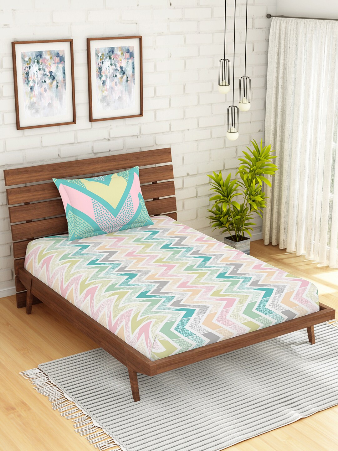 

SPACES Green & White 144 TC Cotton Single Bedsheet with 1 Pillow Covers