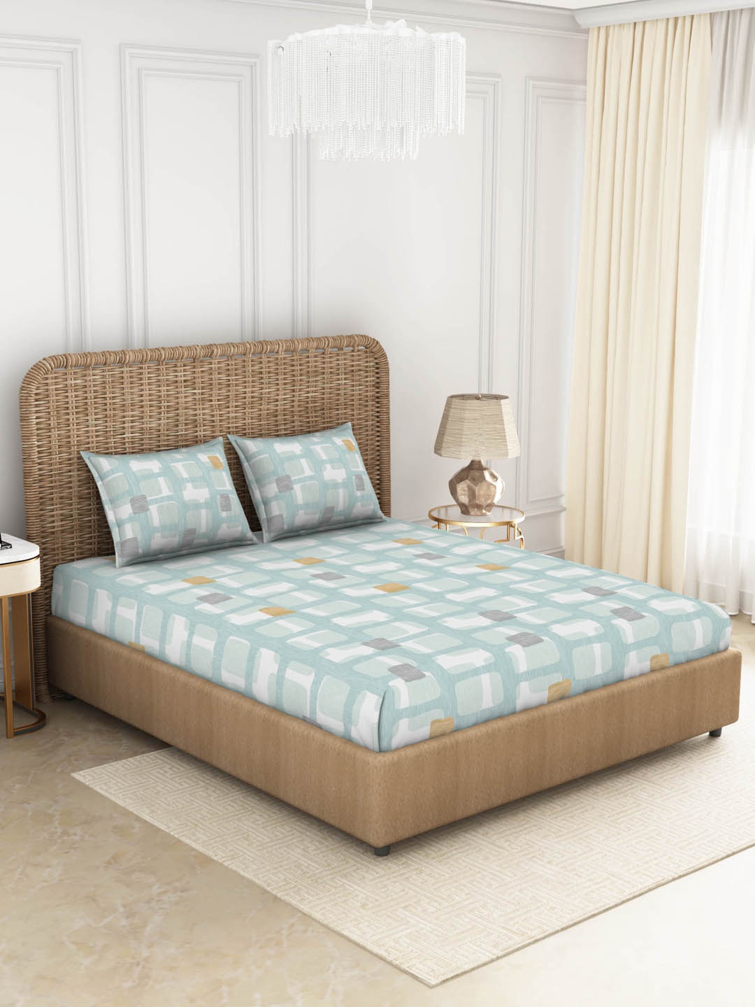 

SPACES Blue Geometric 144 TC Cotton King Bedsheet With 2 Pillow Covers
