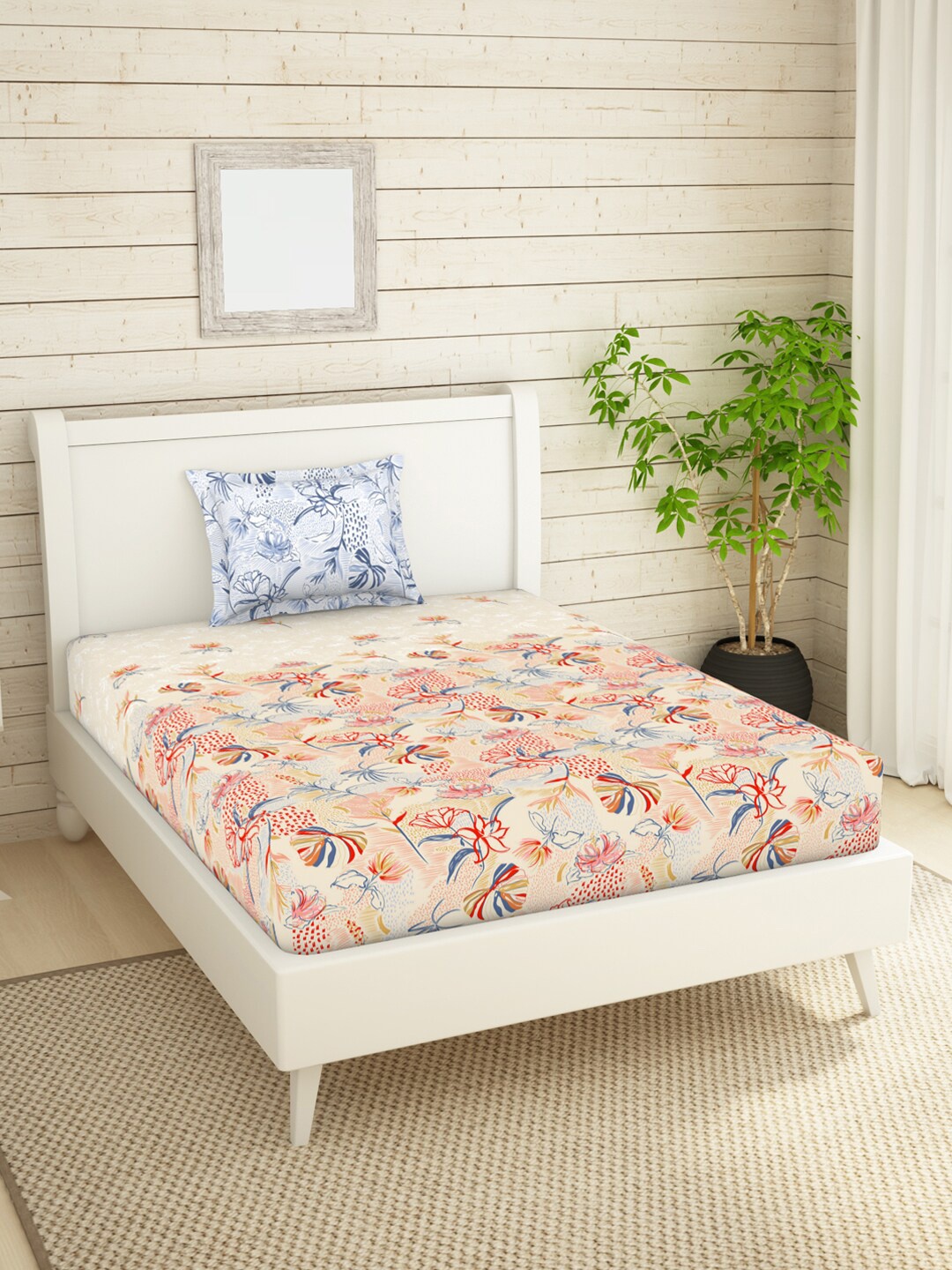 

SPACES White & Red Floral 144 TC Cotton Single Bedsheet with 1 Pillow Covers