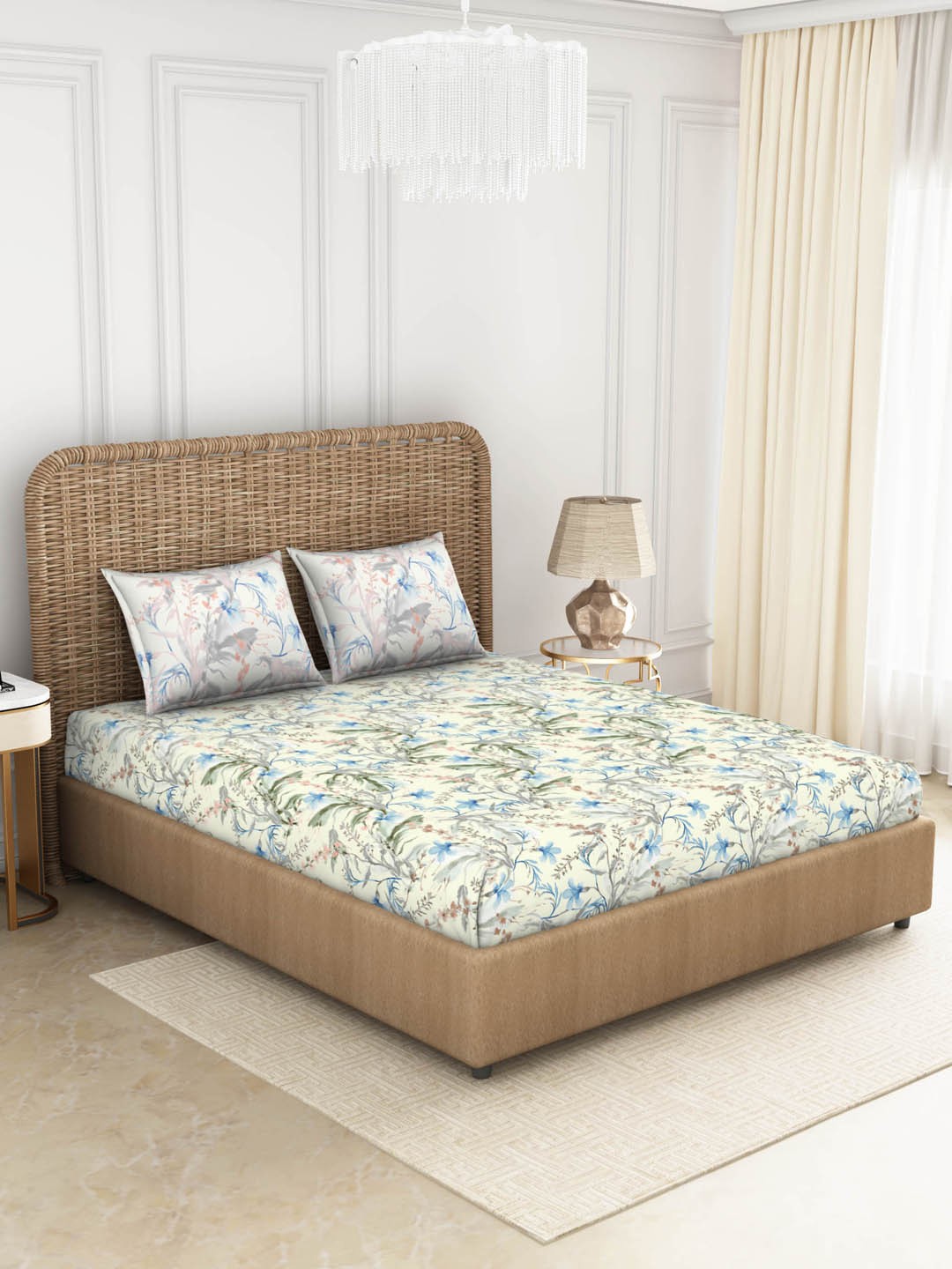 

SPACES Beige & Green Floral 144 TC Cotton Anti Viral King Bedsheet with 2 Pillow Covers