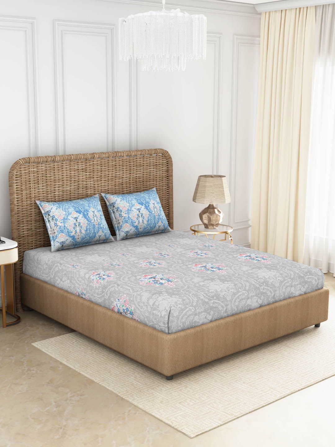 

SPACES Grey 144 TC Floral Cotton 1 King Bedsheet With 2 Pillow Cover