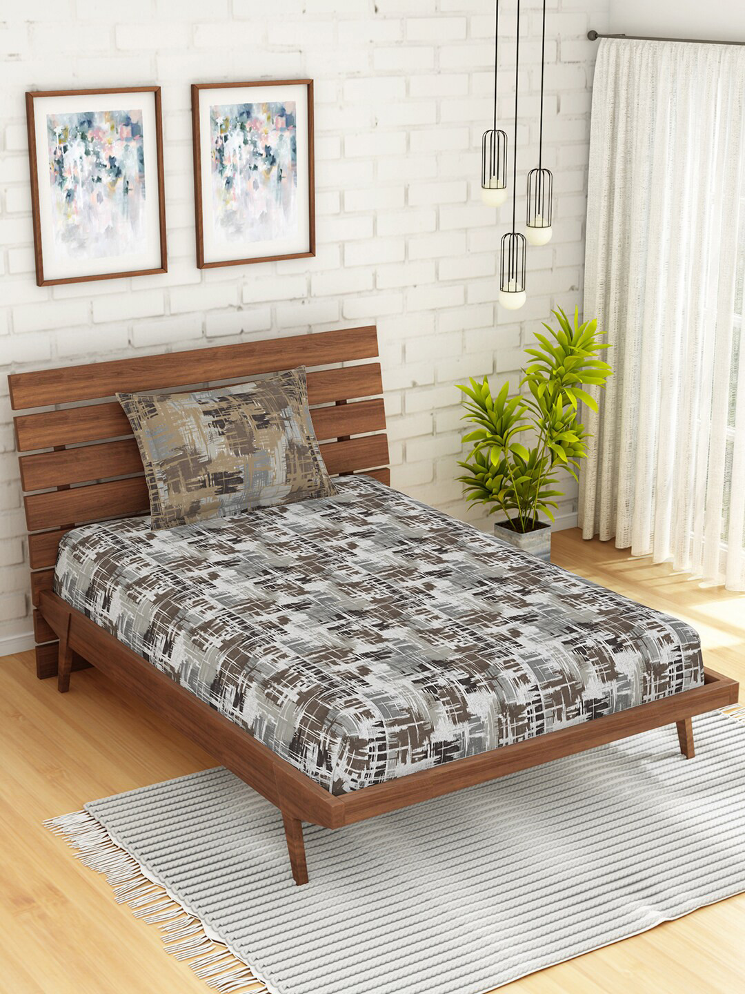 

SPACES Brown & White Printed 144 TC Single Bedsheet with 1 Pillow Covers
