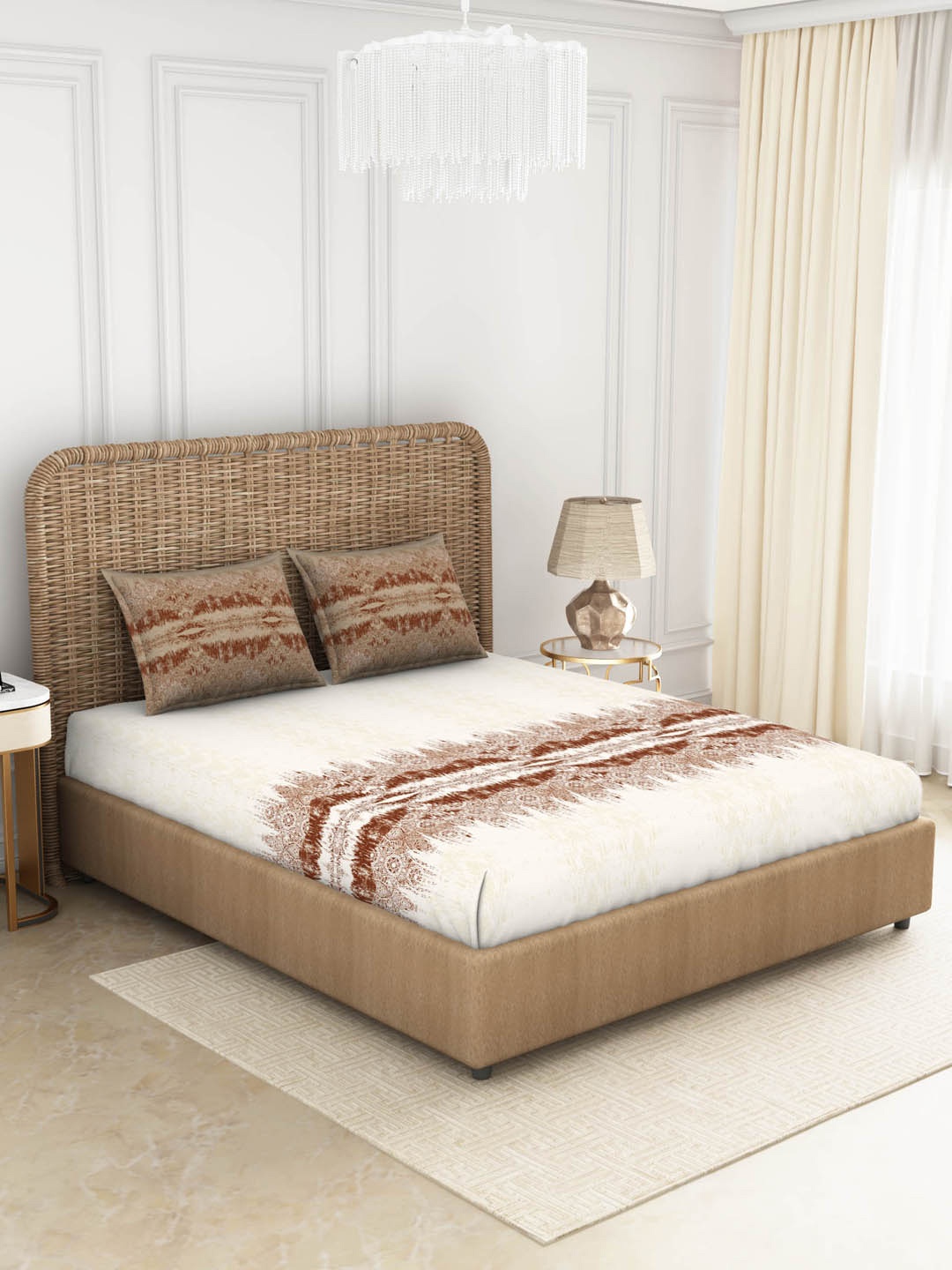 

SPACES Brown & Cream-Coloured Ethnic Motifs 144 TC King Bedsheet with 2 Pillow Covers