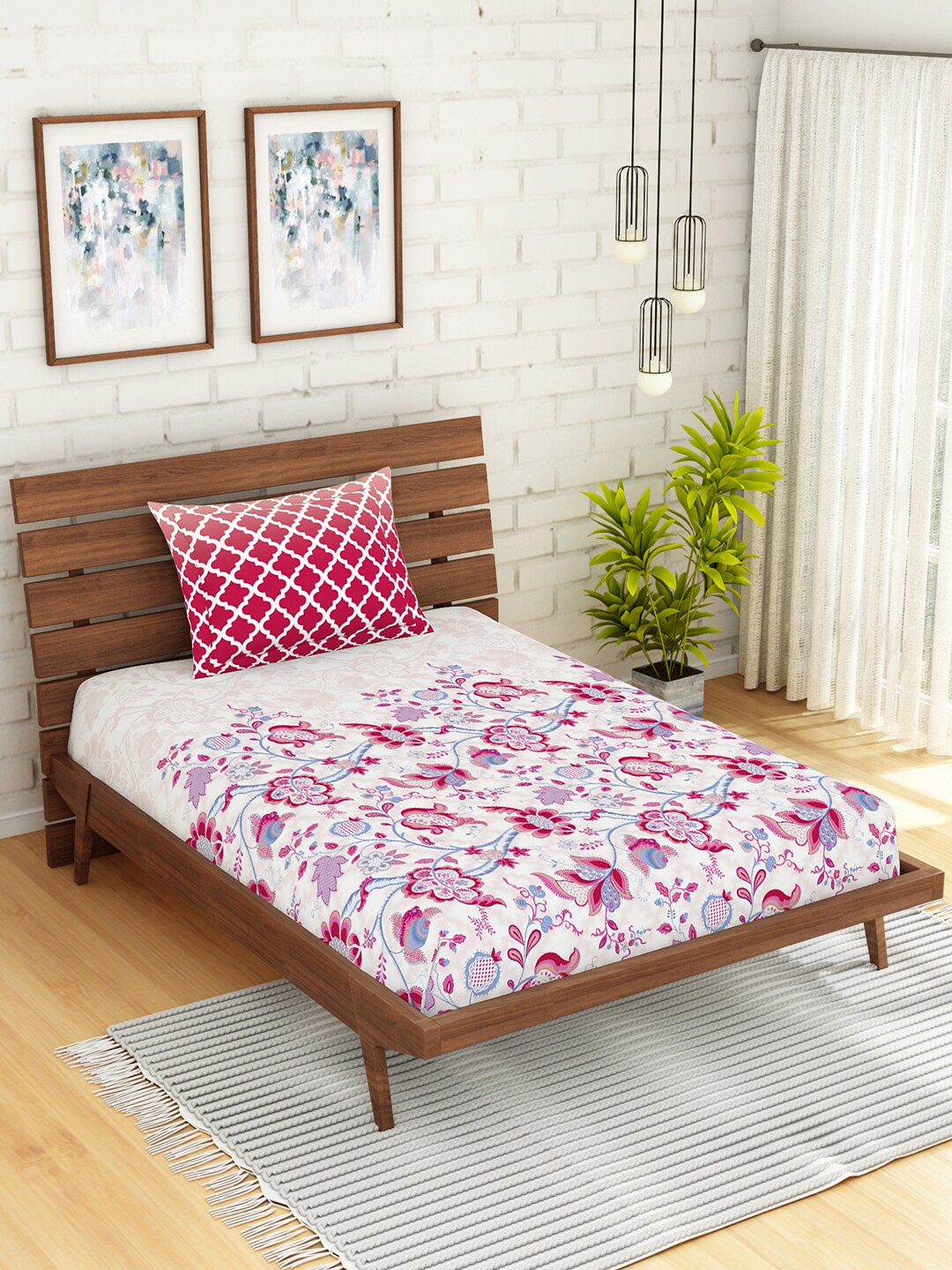 

SPACES Pink & White Floral 144 TC Single Bedsheet with 1 Pillow Covers