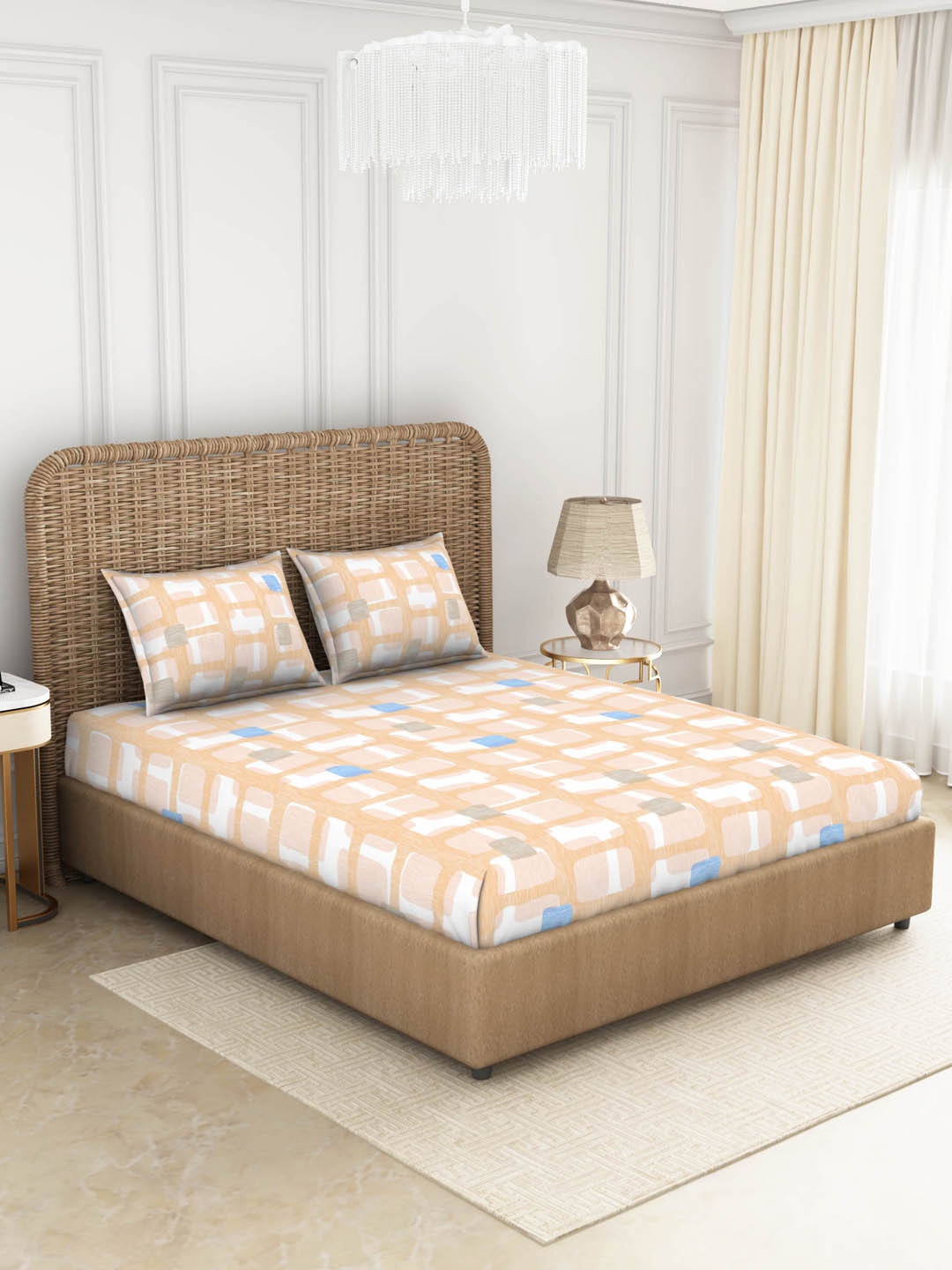 SPACES Coral Geometric 144 TC Cotton King Bedsheet With 2 Pillow Covers