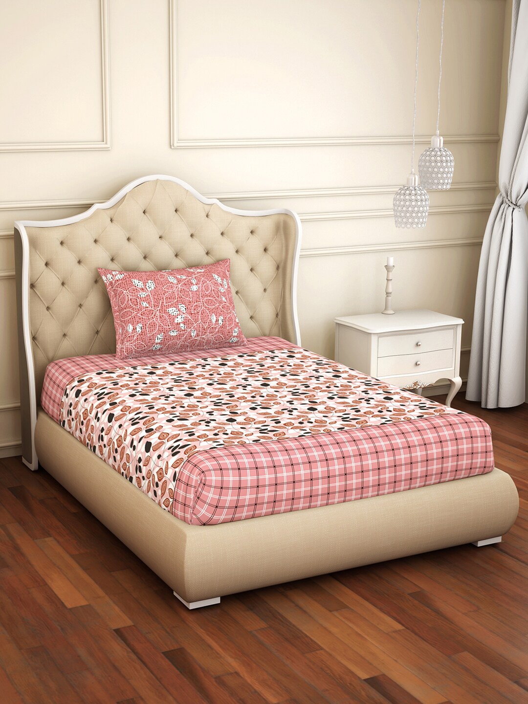 

SPACES Pink & White Floral 144 TC Single Bedsheet with 1 Pillow Covers
