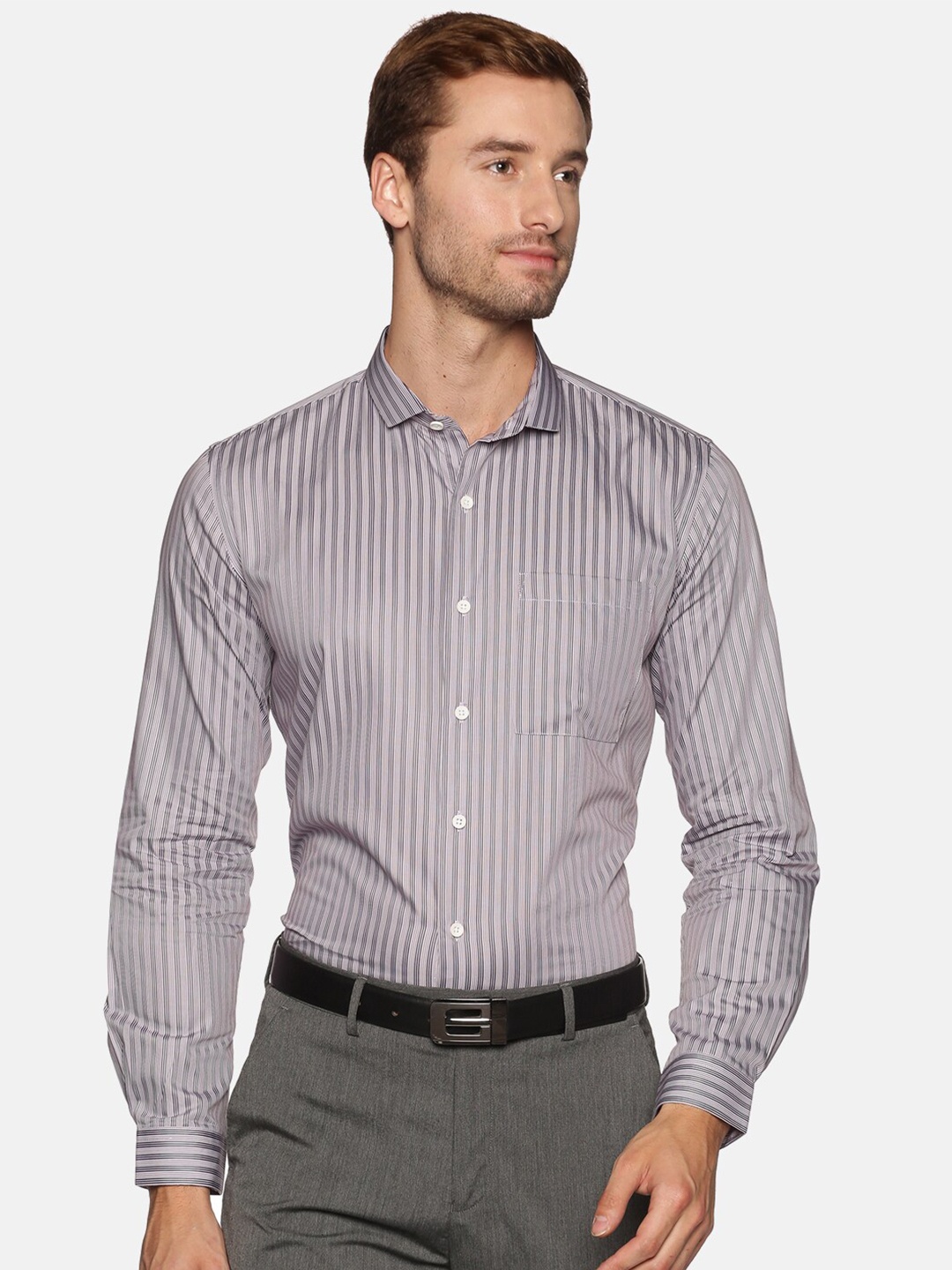

DON VINO Men Grey Relaxed Slim Fit Vertical Striped Cotton Formal Shirt