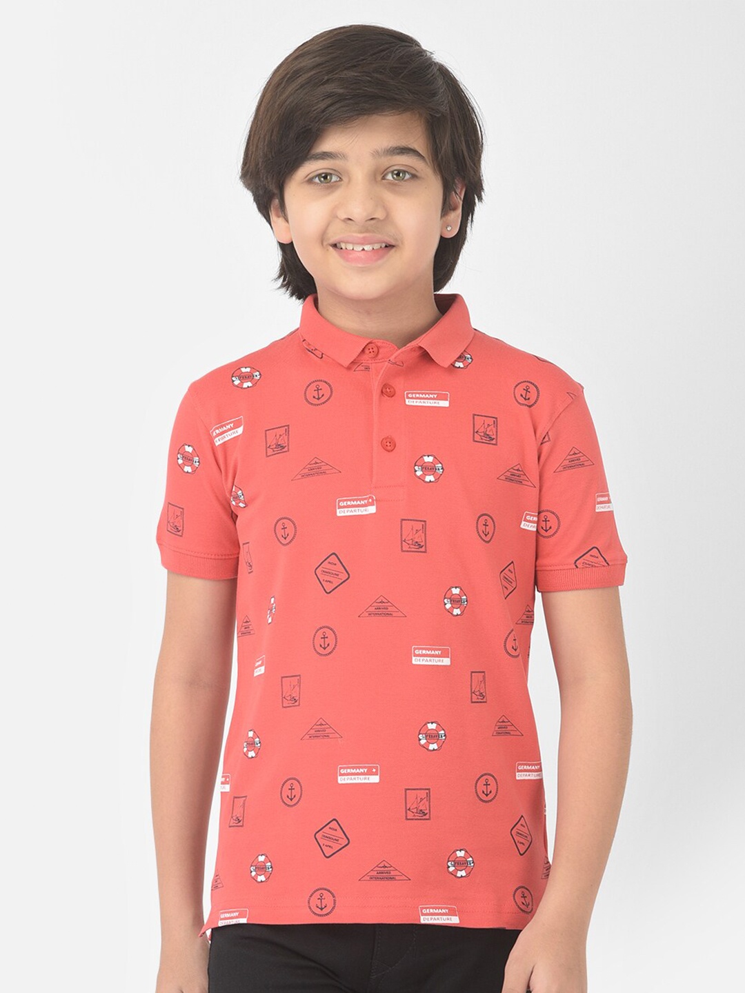 

Crimsoune Club Boys Pink Printed Polo Collar Slim Fit Cotton T-shirt