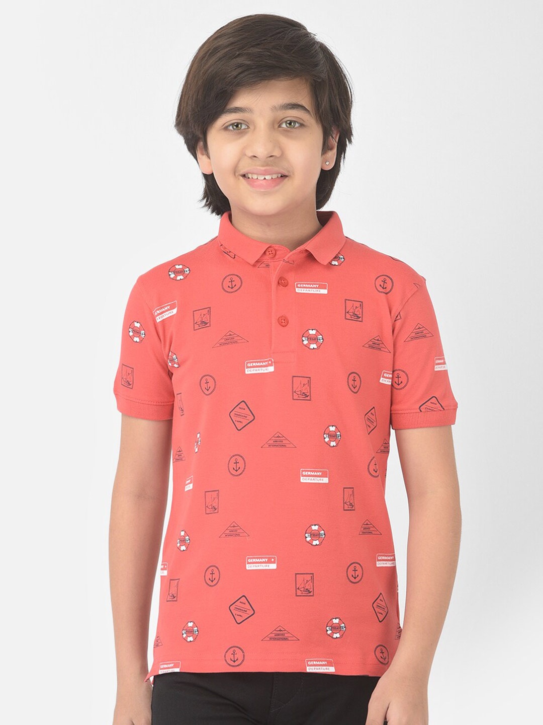 

Crimsoune Club Boys Pink Printed Polo Collar Slim Fit Cotton T-shirt