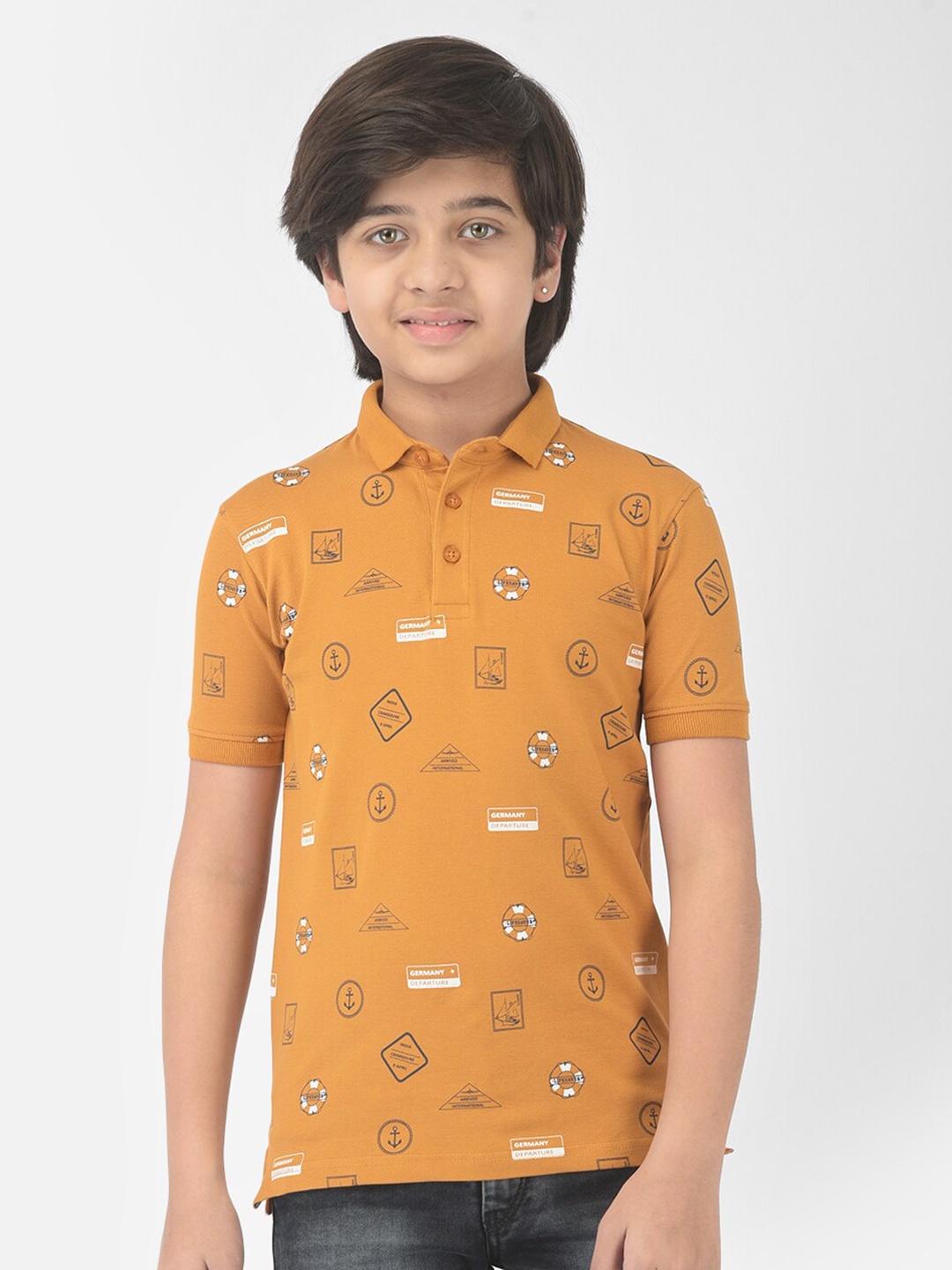 

Crimsoune Club Boys Mustard Yellow Printed Polo Collar Slim Fit Outdoor T-shirt