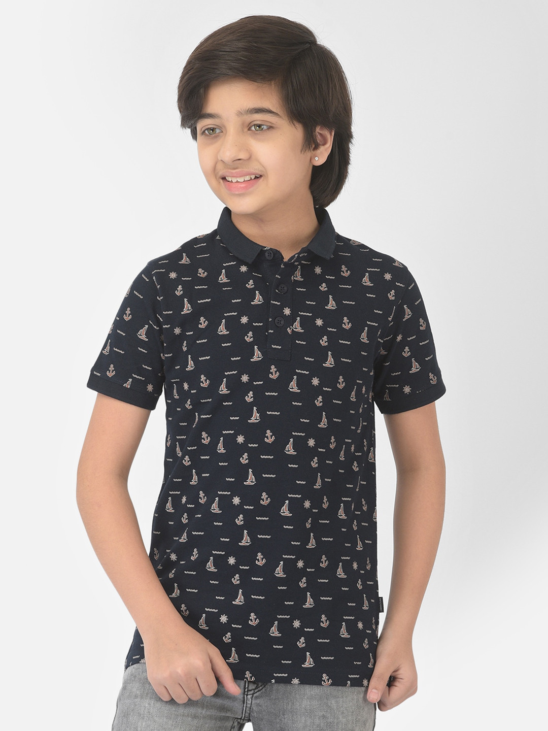 

Crimsoune Club Boys Navy Blue Printed Polo Collar Slim Fit Cotton T-shirt