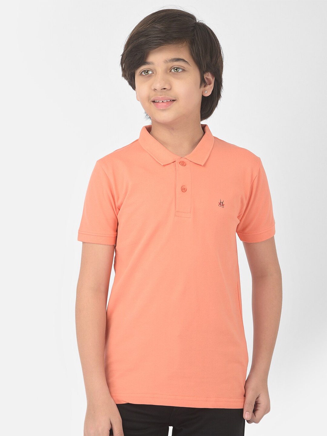 

Crimsoune Club Boys Peach-Coloured Solid Polo Collar Slim Fit Outdoor Cotton T-shirt