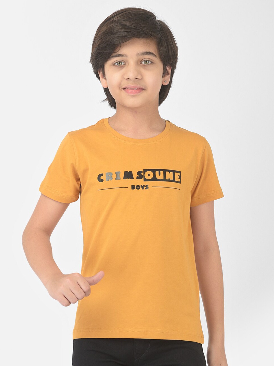 

Crimsoune Club Boys Mustard Yellow Typography Printed Slim Fit Outdoor T-shirt