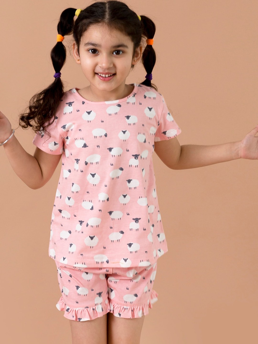 

pspeaches Girls Pink & White Printed Pure Cotton Night suit