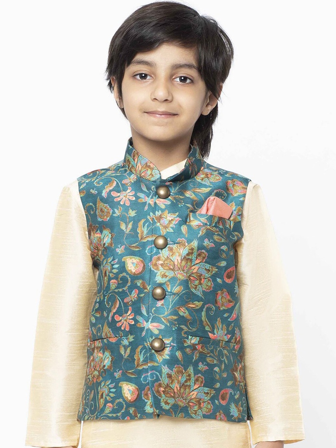 

KISAH Boys Green Floral Printed Cotton Blended Nehru Jackets