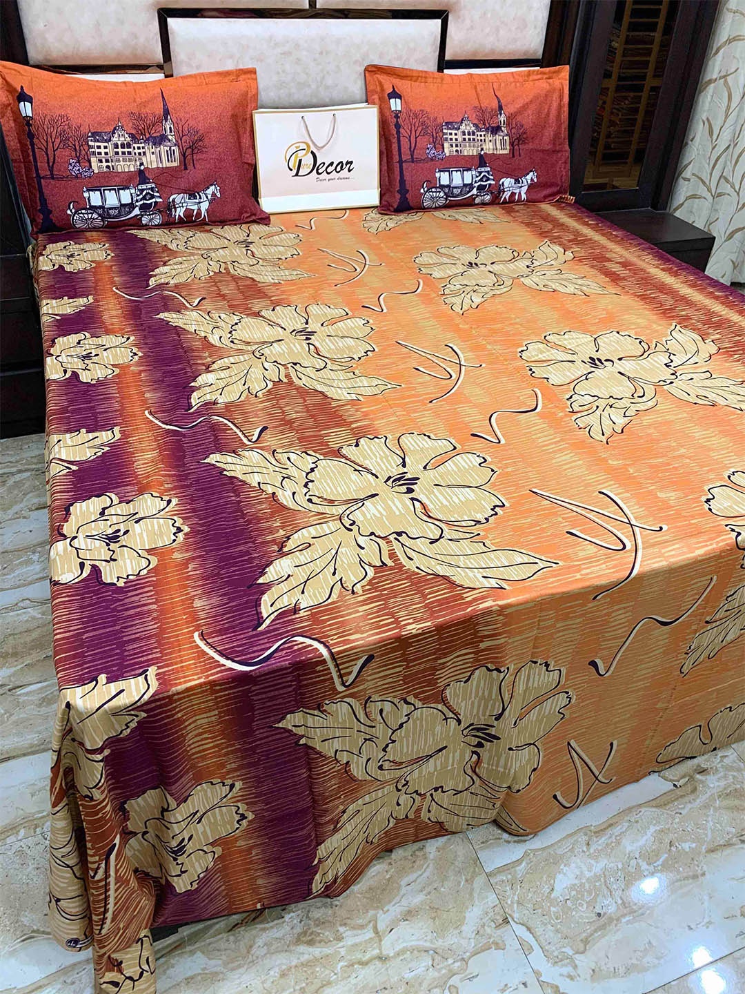 

Pure Decor Floral 400 TC Cotton King Bedsheet With 2 Pillow Covers, Orange