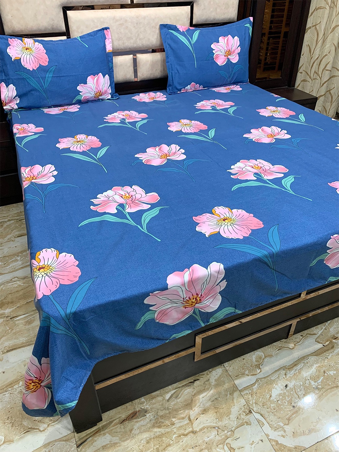

Pure Decor Blue & Pink Floral 300 TC Queen Bedsheet with 2 Pillow Covers