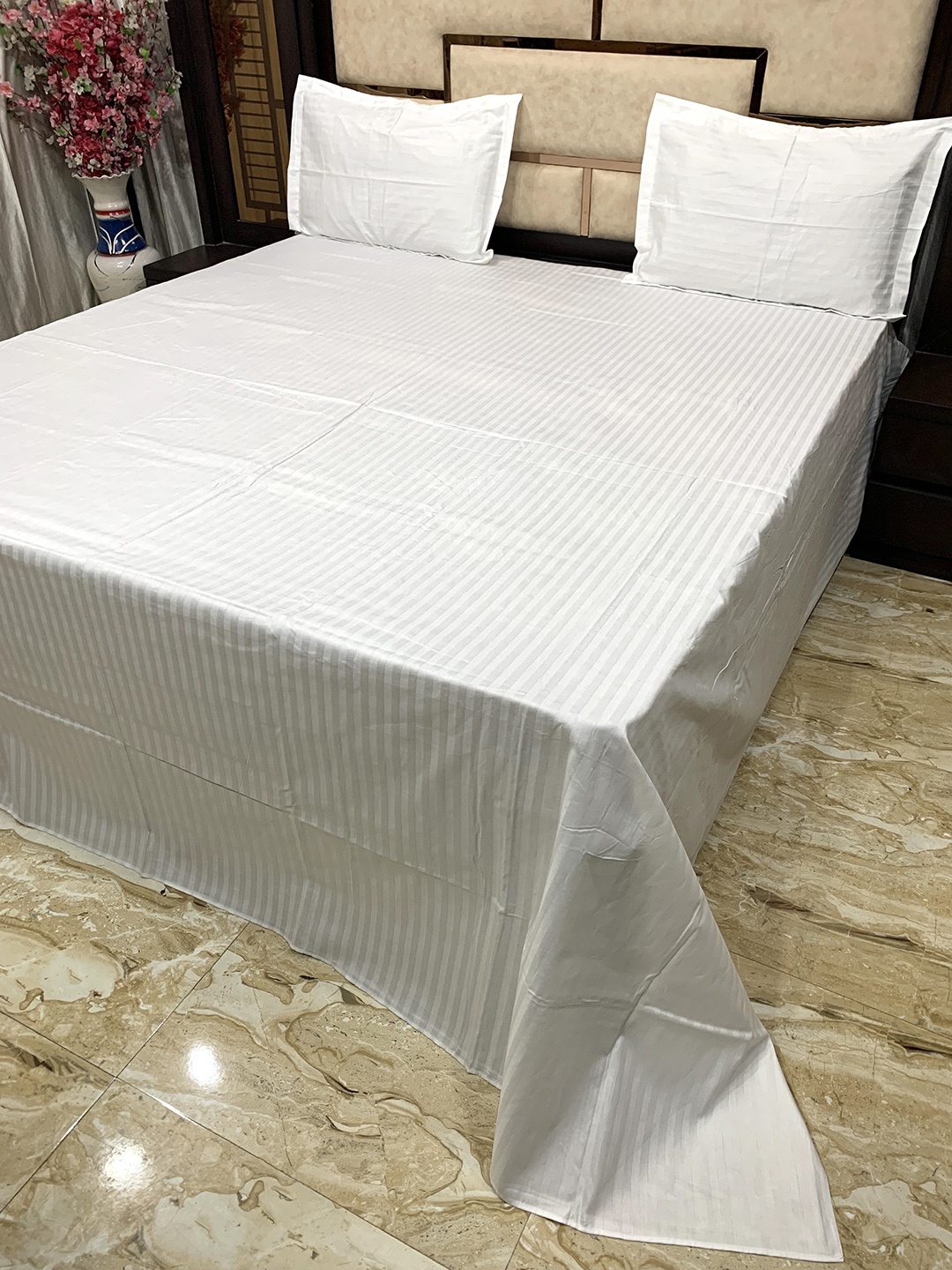 

Pure Decor White Striped 400 TC Pure Cotton King Bedsheet with 2 Pillow Covers