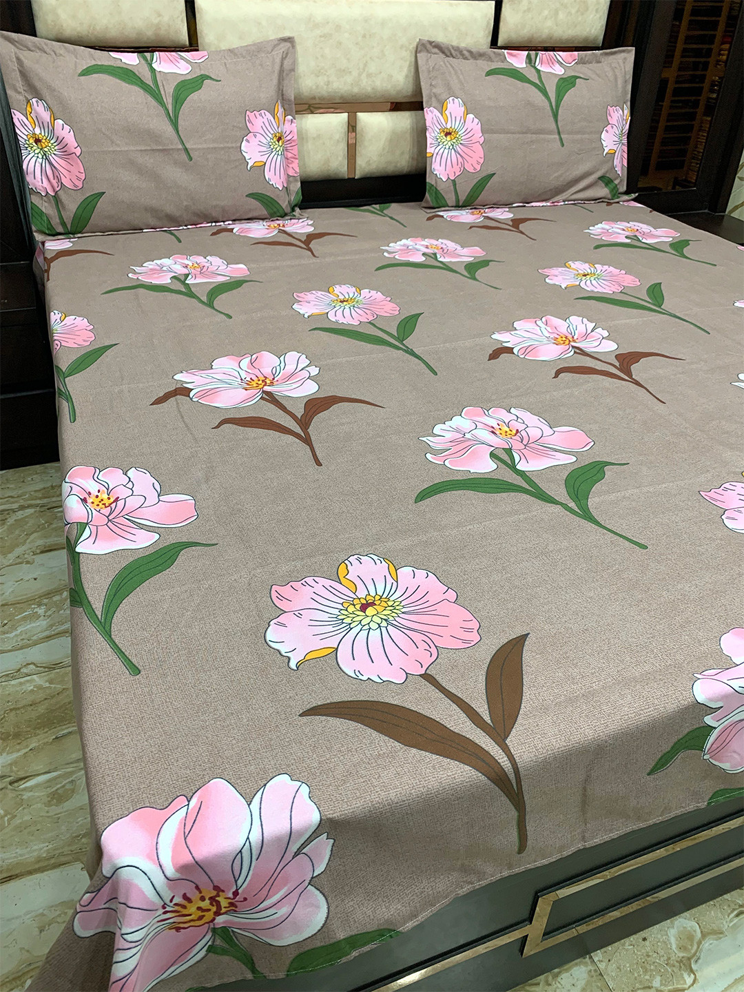 

Pure Decor Grey & Pink Floral 300 TC Queen Bedsheet with 2 Pillow Covers