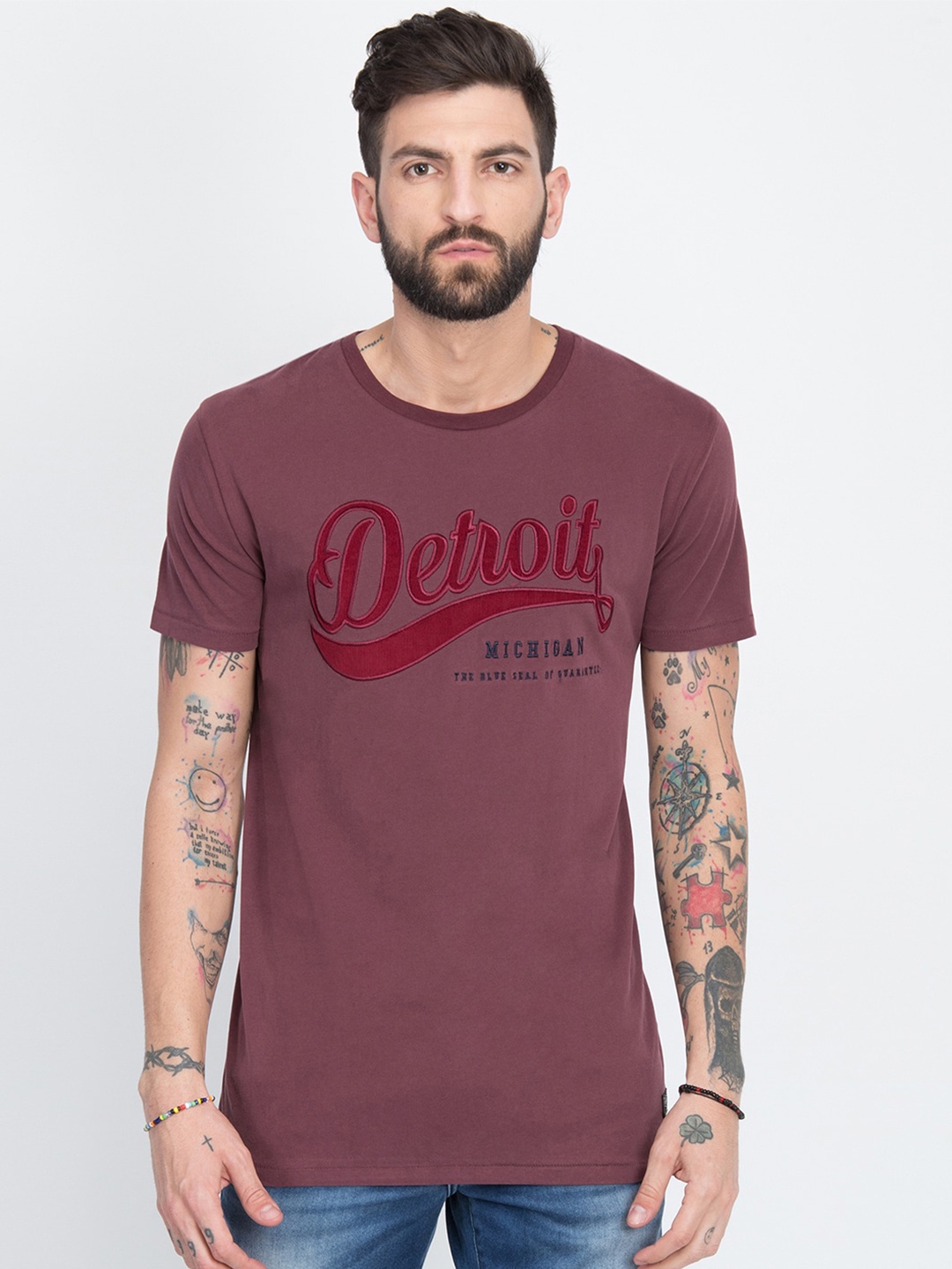 

LINDBERGH Men Maroon Typography Printed Slim Fit Cotton T-shirt