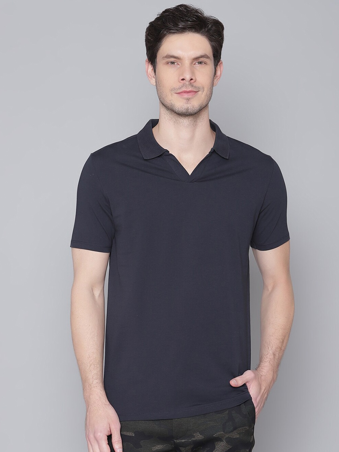 

LINDBERGH Men Navy Blue Polo Collar Slim Fit Cotton T-shirt