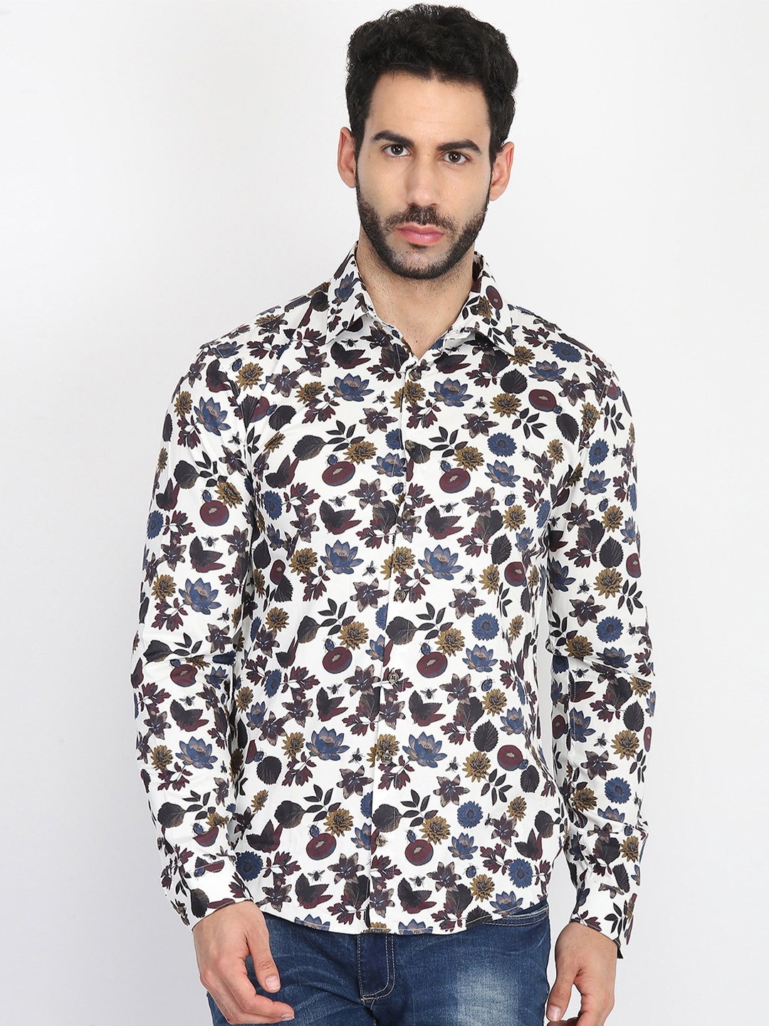 

LINDBERGH Men White & Blue Slim Fit Floral Printed Pure Cotton Casual Shirt