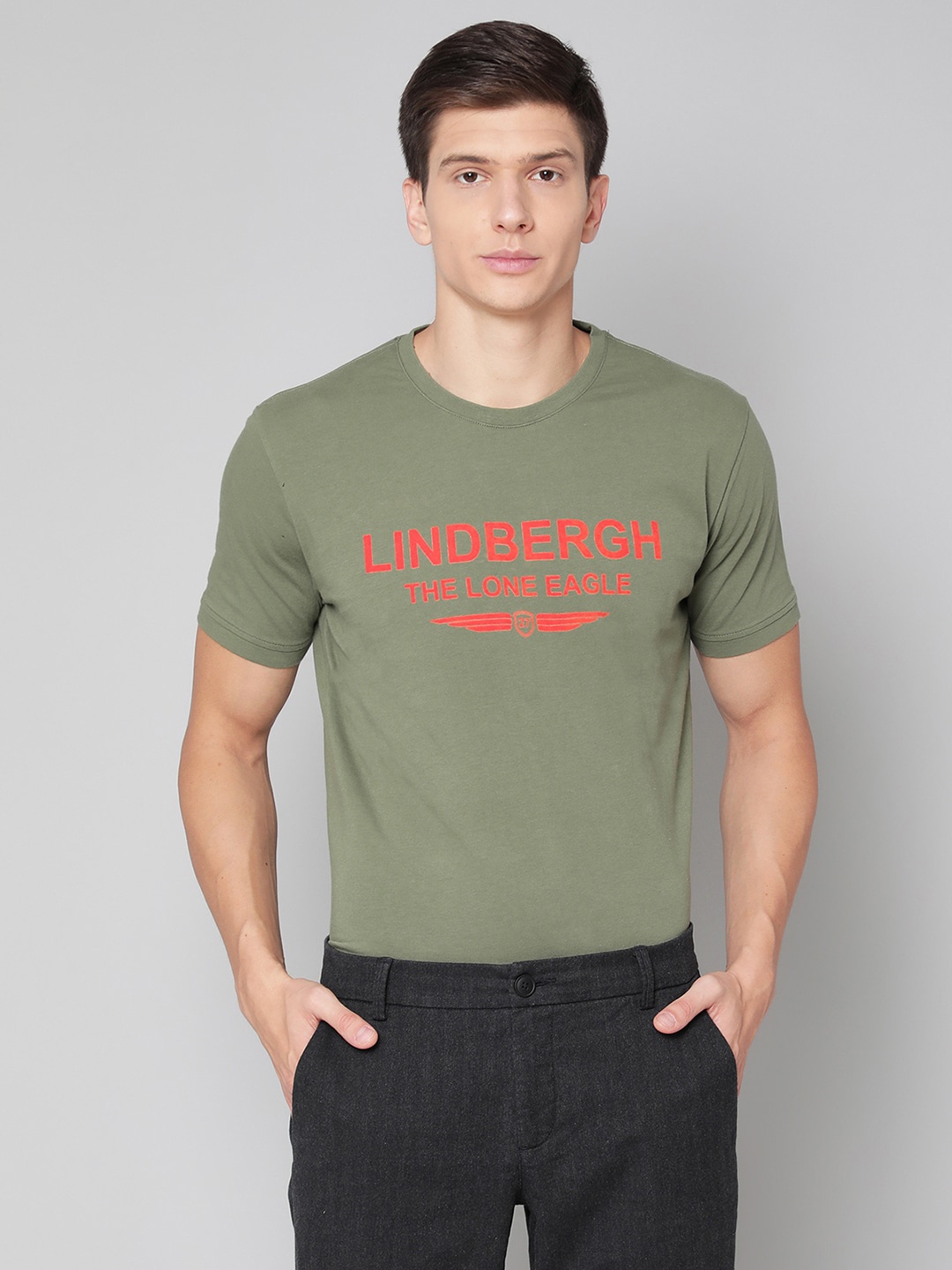 

LINDBERGH Men Olive Green Typography Printed Slim Fit Cotton T-shirt