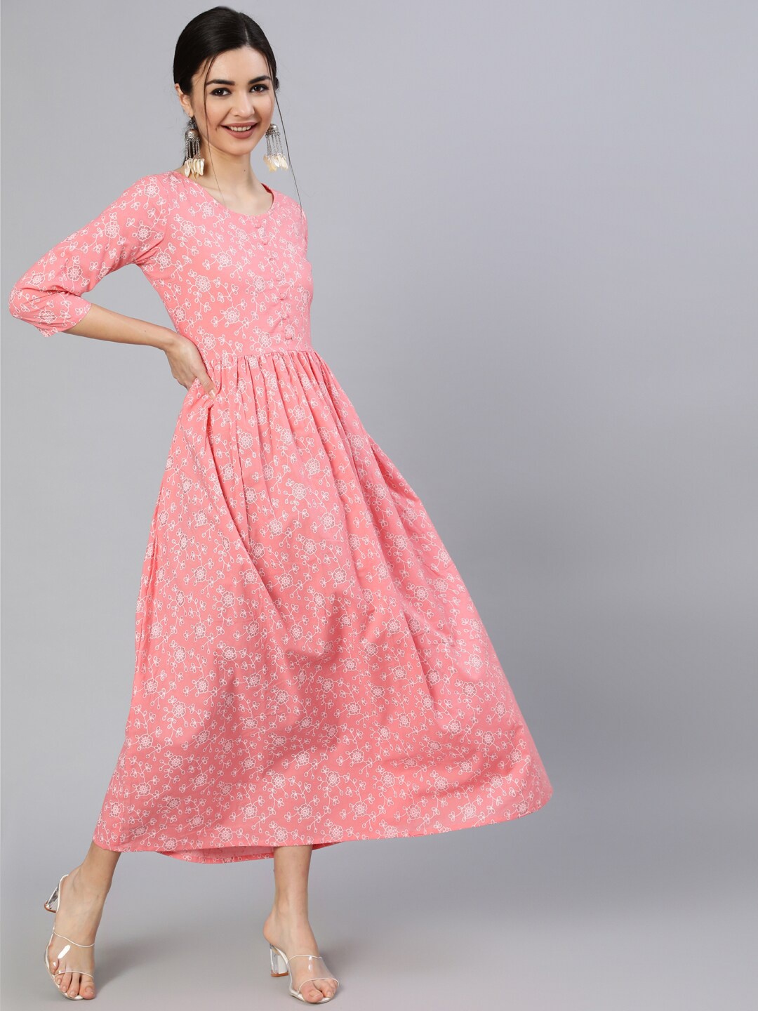 

Nayo Pink & White Floral Ethnic Maxi Dress