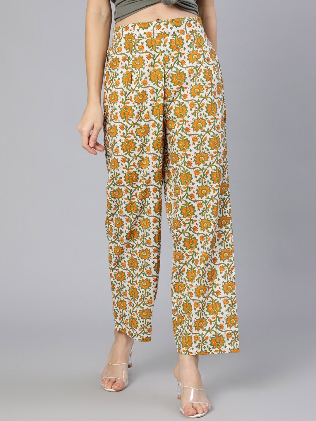 

Nayo Women White & Yellow Floral Printed Cotton Straight Palazzos