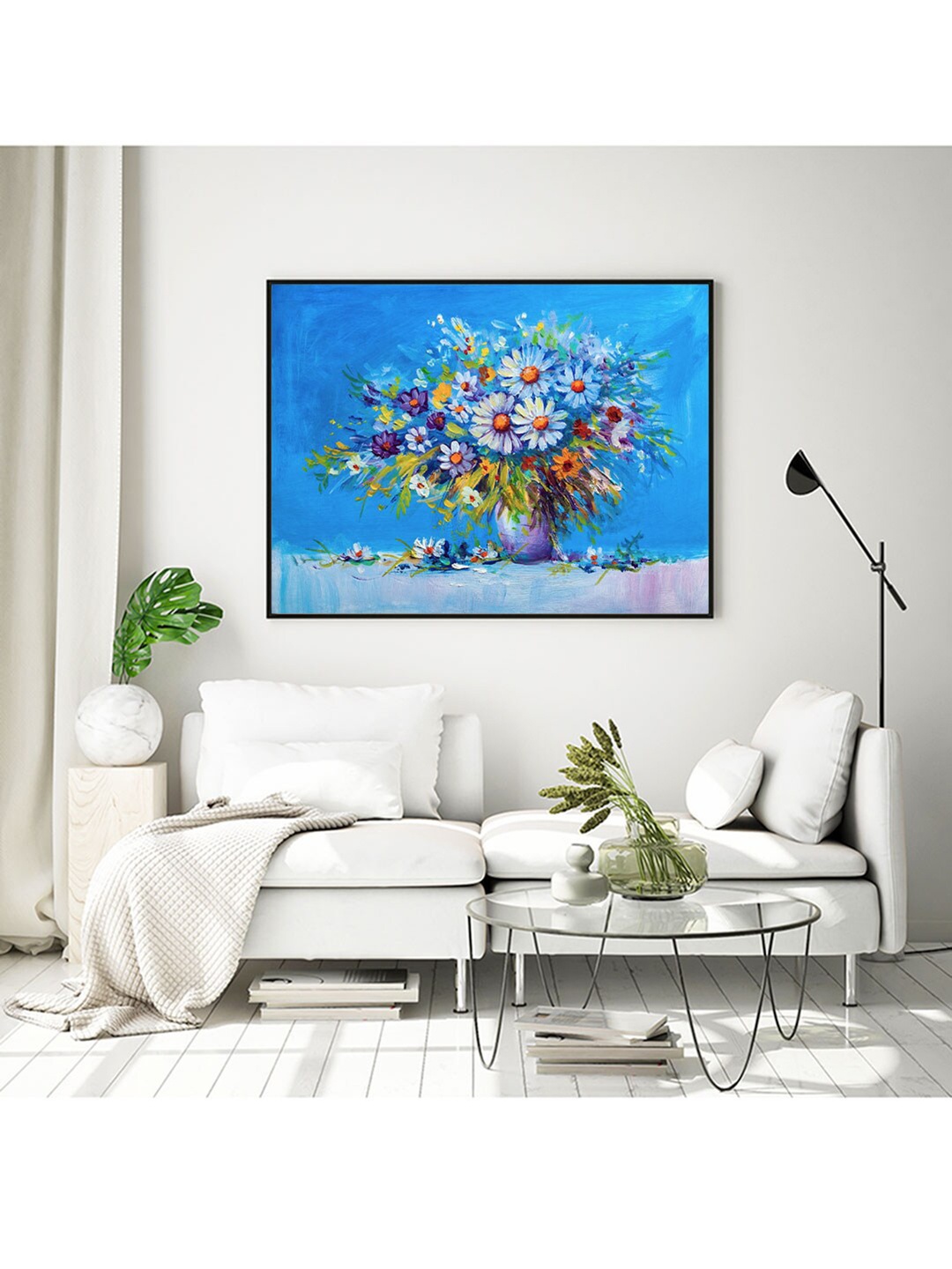 

ARTSPACE Blue Daisy Flowers Painted Canvas Framed Wall Art